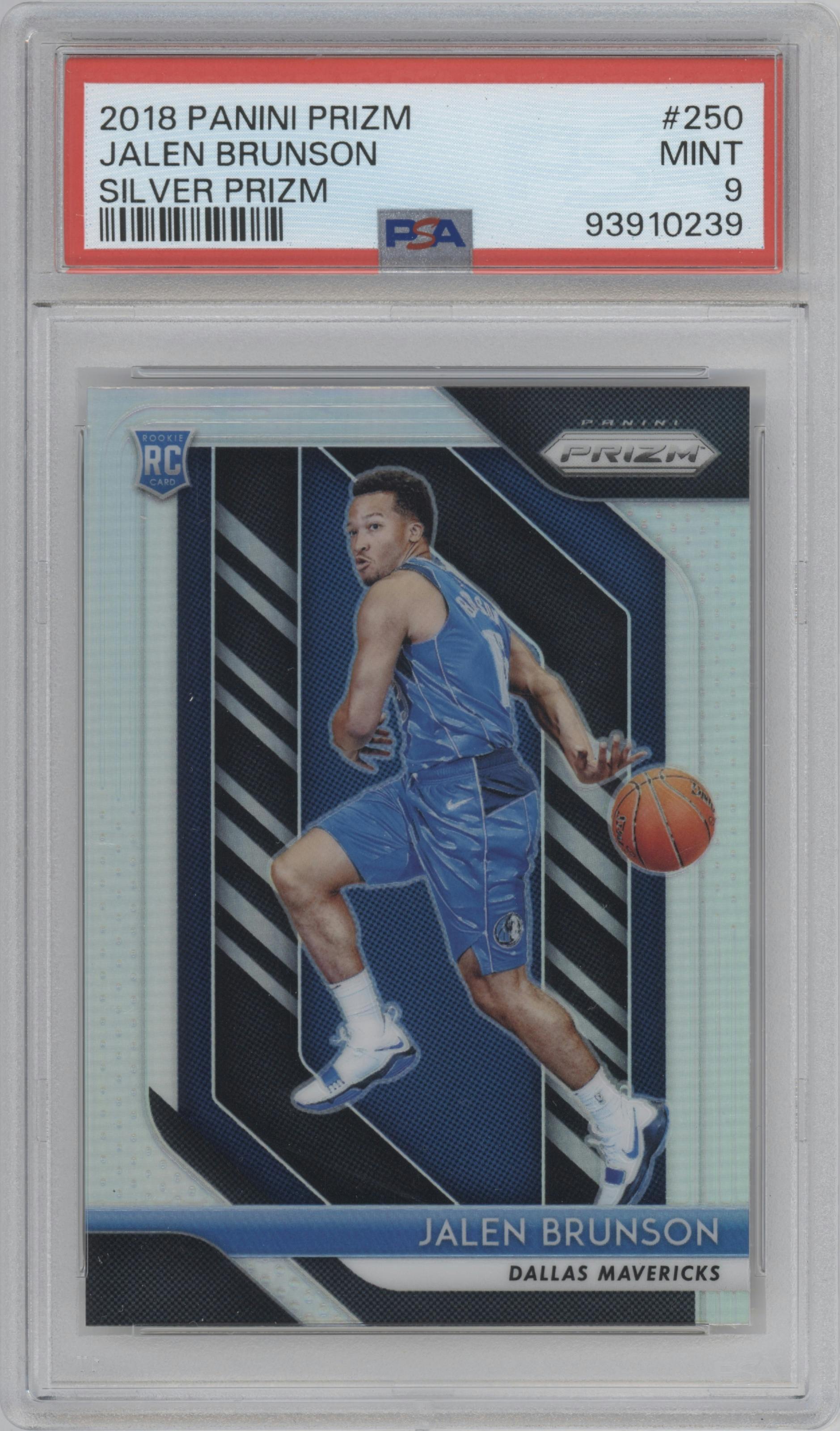 Jalen Brunson from the 2018-19 Panini Prizm set featuring a Silver Prizm parallel graded by PSA and given an overall grade of 9.