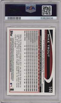 Mike Trout from the 2012 Topps Chrome set featuring a Orange Refractor parallel graded by PSA and given an overall grade of 10.