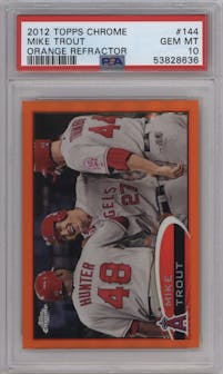 Mike Trout from the 2012 Topps Chrome set featuring a Orange Refractor parallel graded by PSA and given an overall grade of 10.