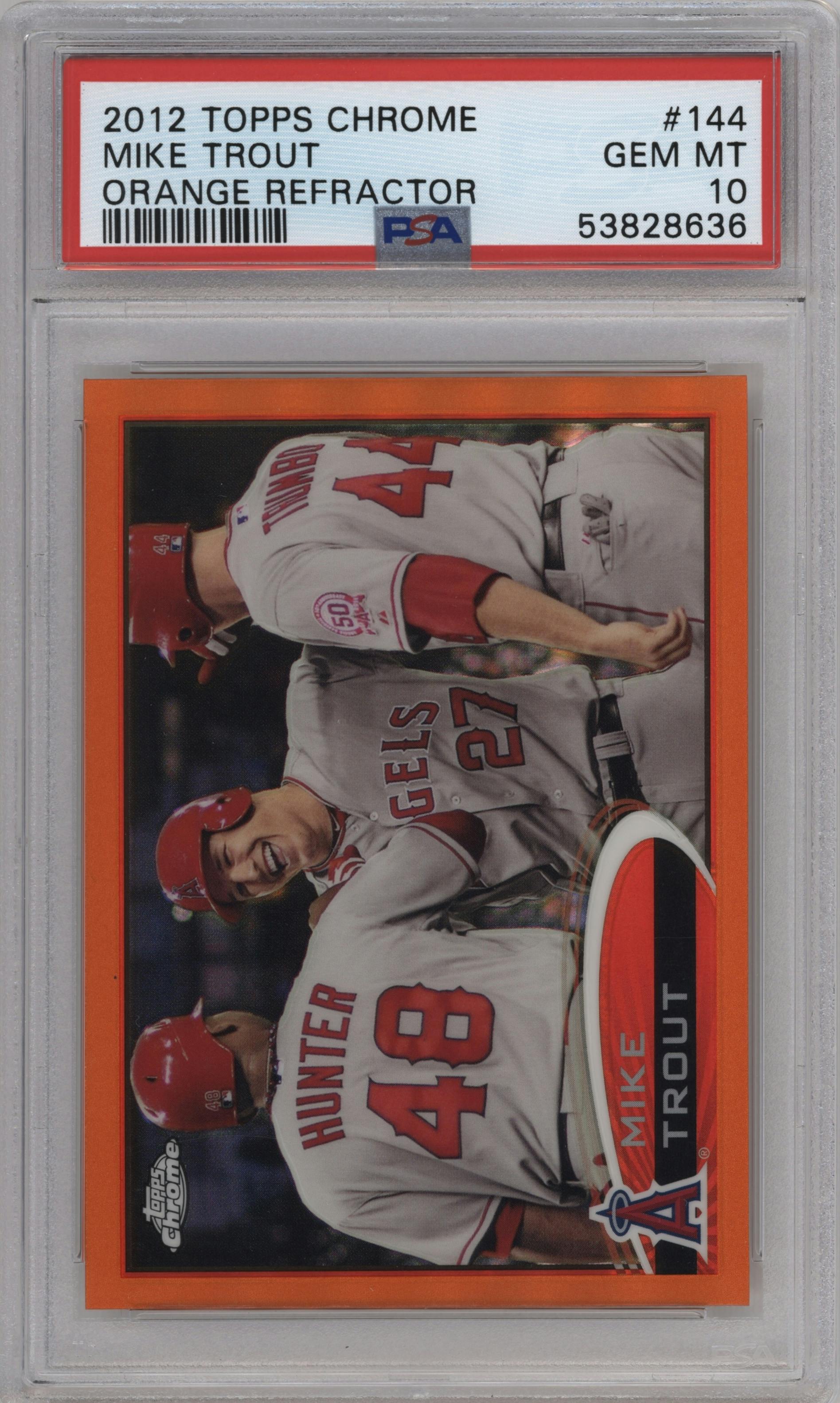 Mike Trout from the 2012 Topps Chrome set featuring a Orange Refractor parallel graded by PSA and given an overall grade of 10.