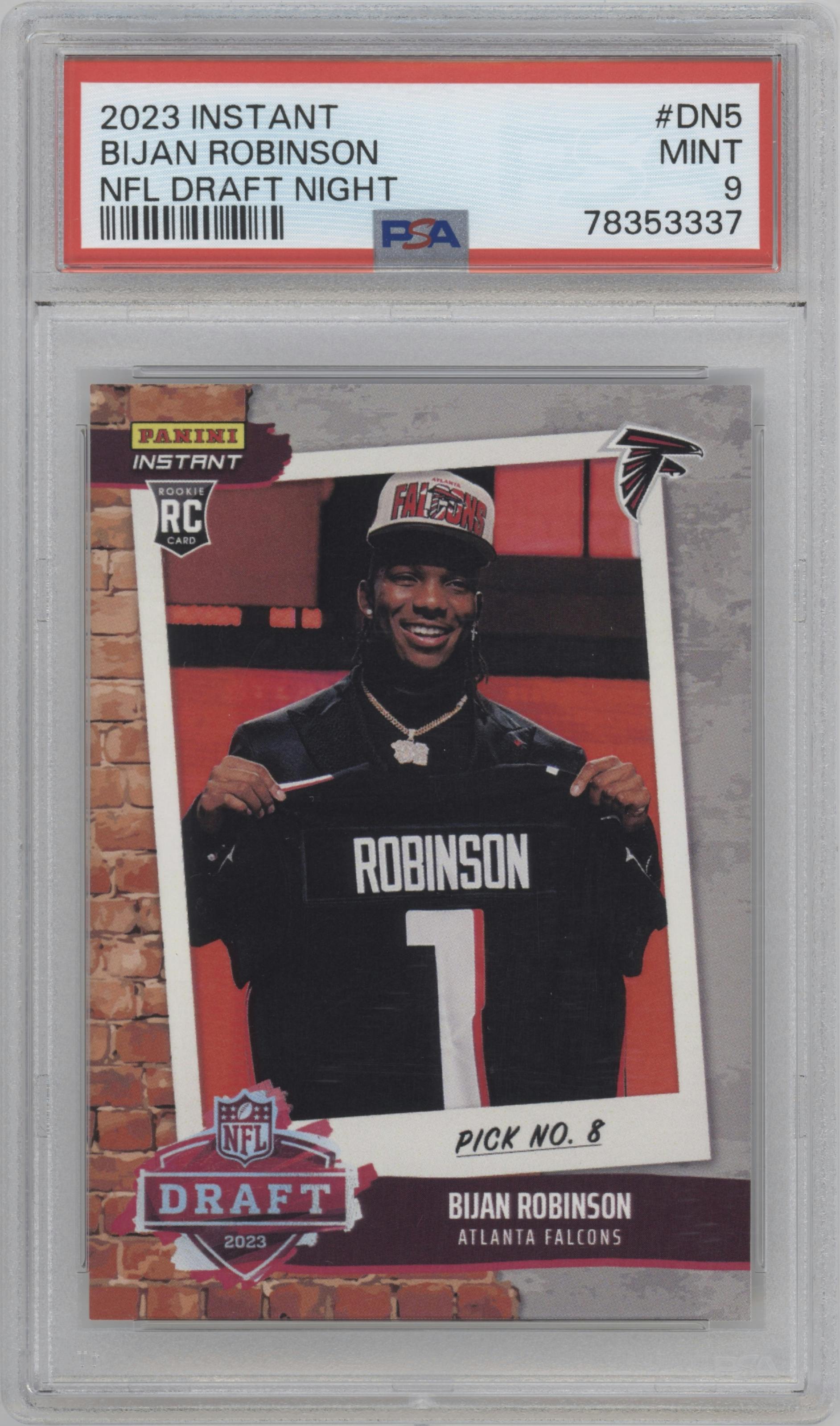 Bijan Robinson from the 2023 Panini Instant NFL Draft Night set graded by PSA and given an overall grade of 9.