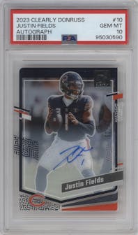 Justin Fields from the 2023 Clearly Donruss set graded by PSA and given an overall grade of 10.