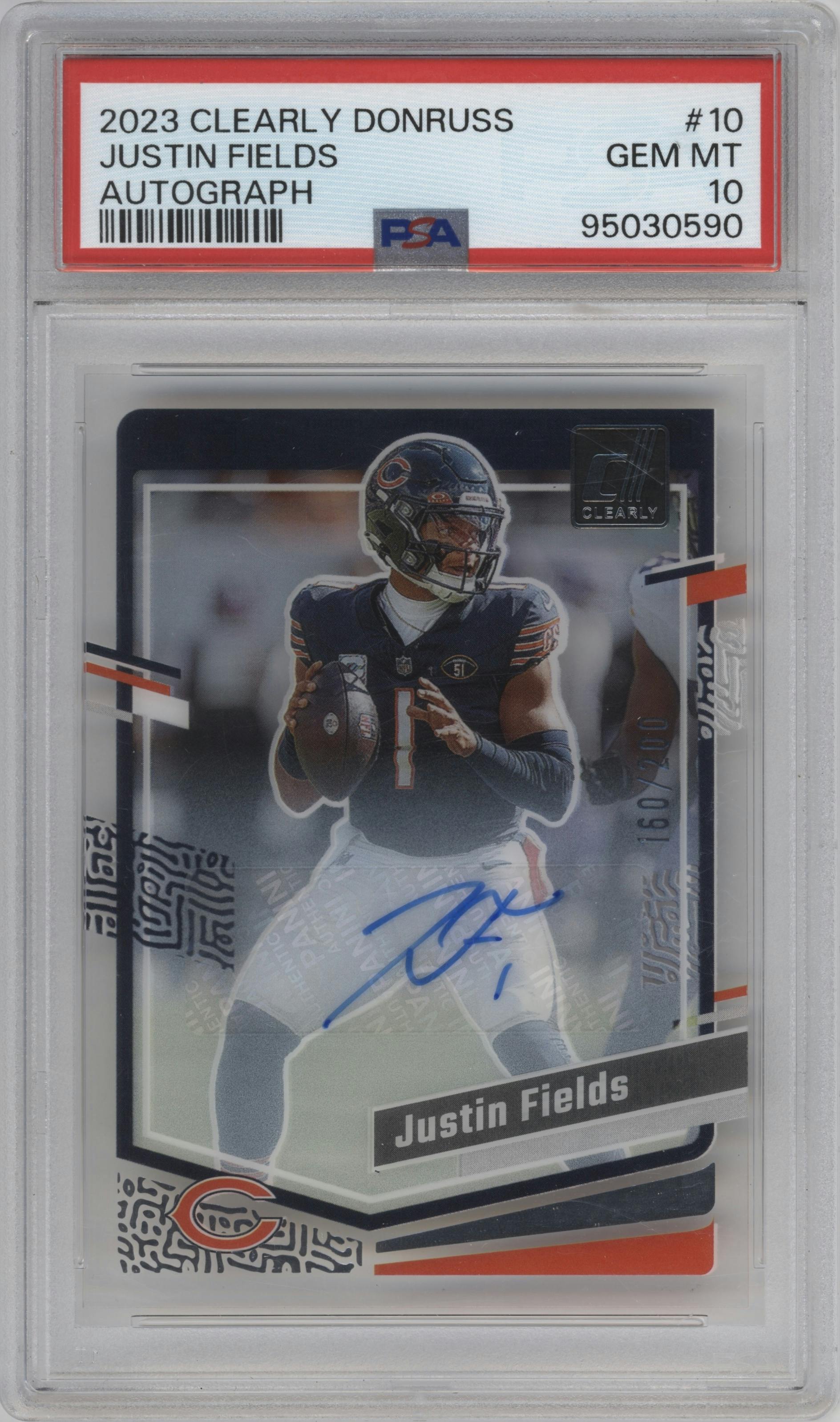 Justin Fields from the 2023 Clearly Donruss set graded by PSA and given an overall grade of 10.