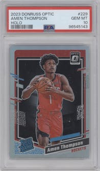 Amen Thompson from the 2023-24 Donruss Optic set featuring a Holo parallel graded by PSA and given an overall grade of 10.