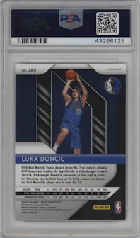 Luka Doncic from the 2018-19 Panini Prizm set featuring a Silver Prizm parallel graded by PSA and given an overall grade of 9.