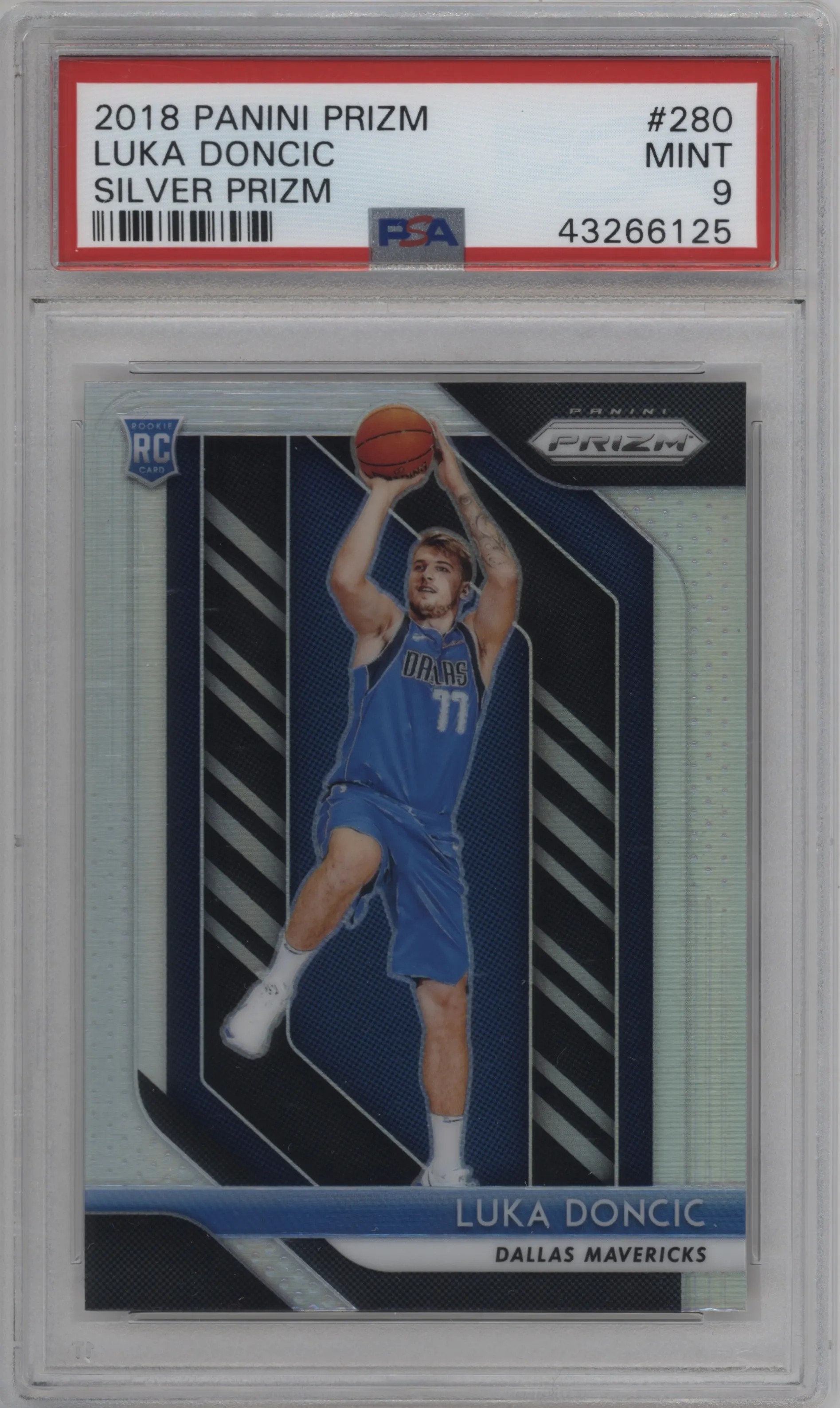 Luka Doncic from the 2018-19 Panini Prizm set featuring a Silver Prizm parallel graded by PSA and given an overall grade of 9.