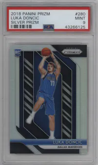 Luka Doncic from the 2018-19 Panini Prizm set featuring a Silver Prizm parallel graded by PSA and given an overall grade of 9.