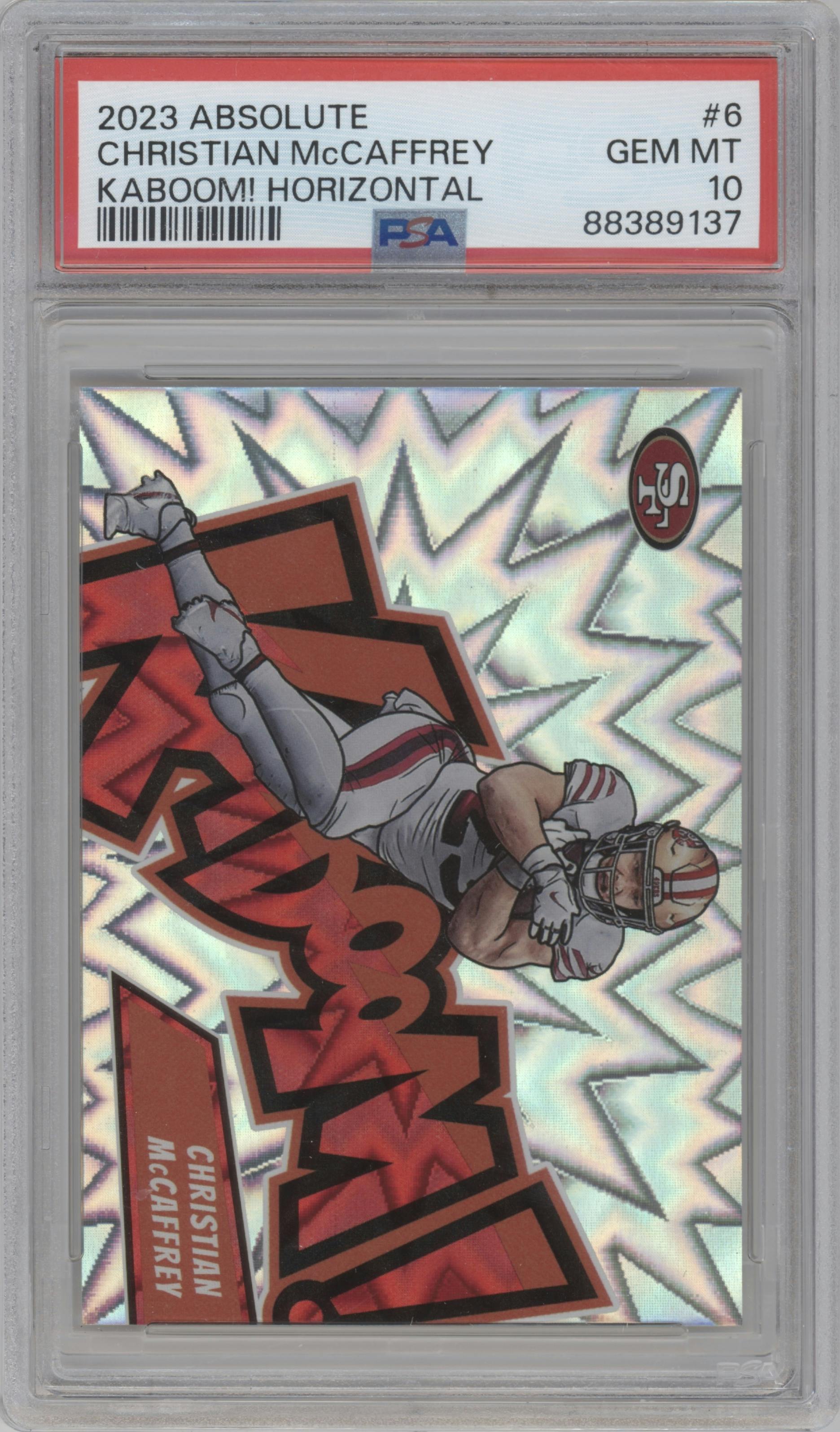 Christian McCaffrey from the 2023 Panini Absolute set graded by PSA and given an overall grade of 10.