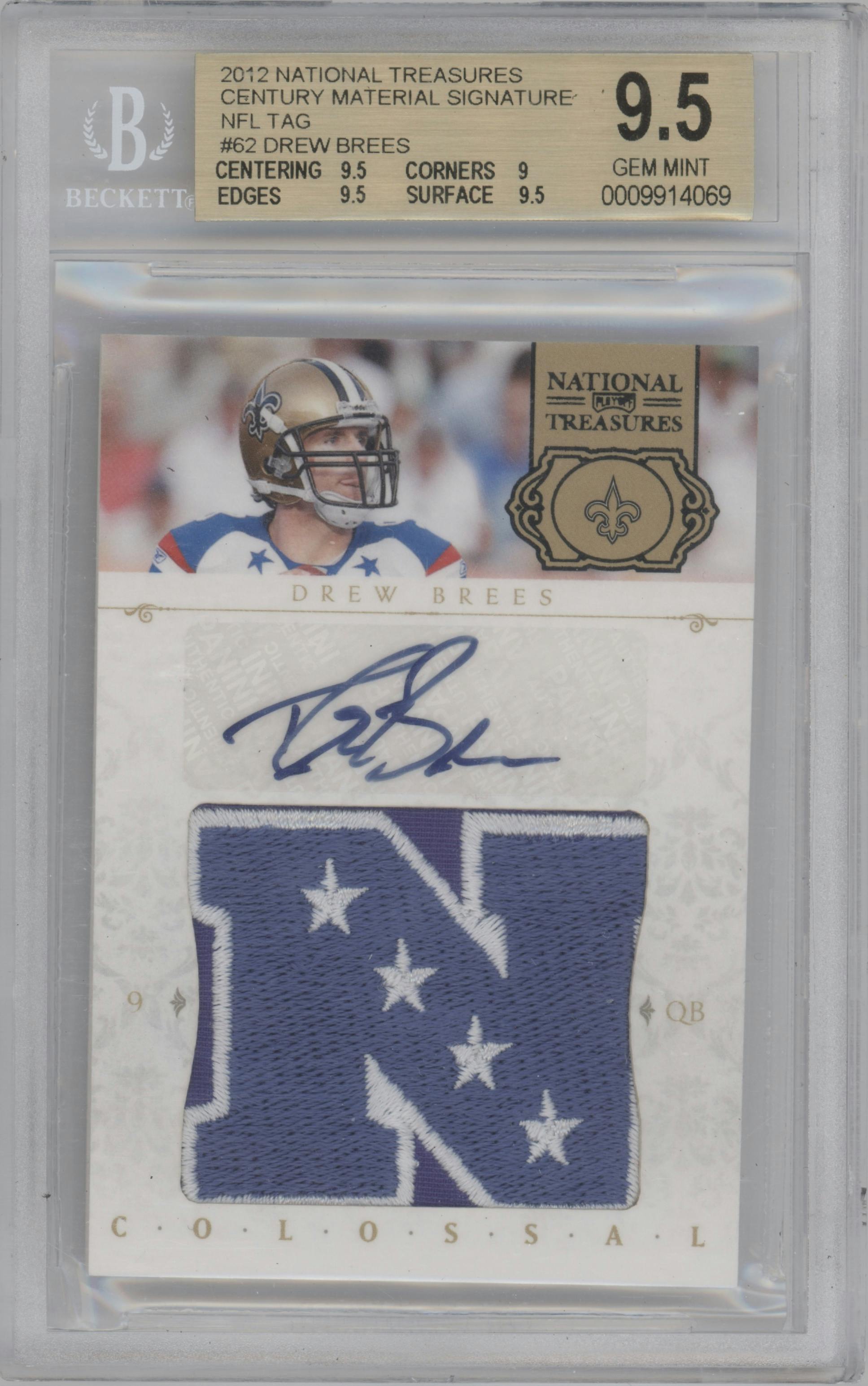 Drew Brees from the 2011 Playoff National Treasures set featuring a Brand Logo Prime parallel graded by Beckett and given an overall grade of 9.5.