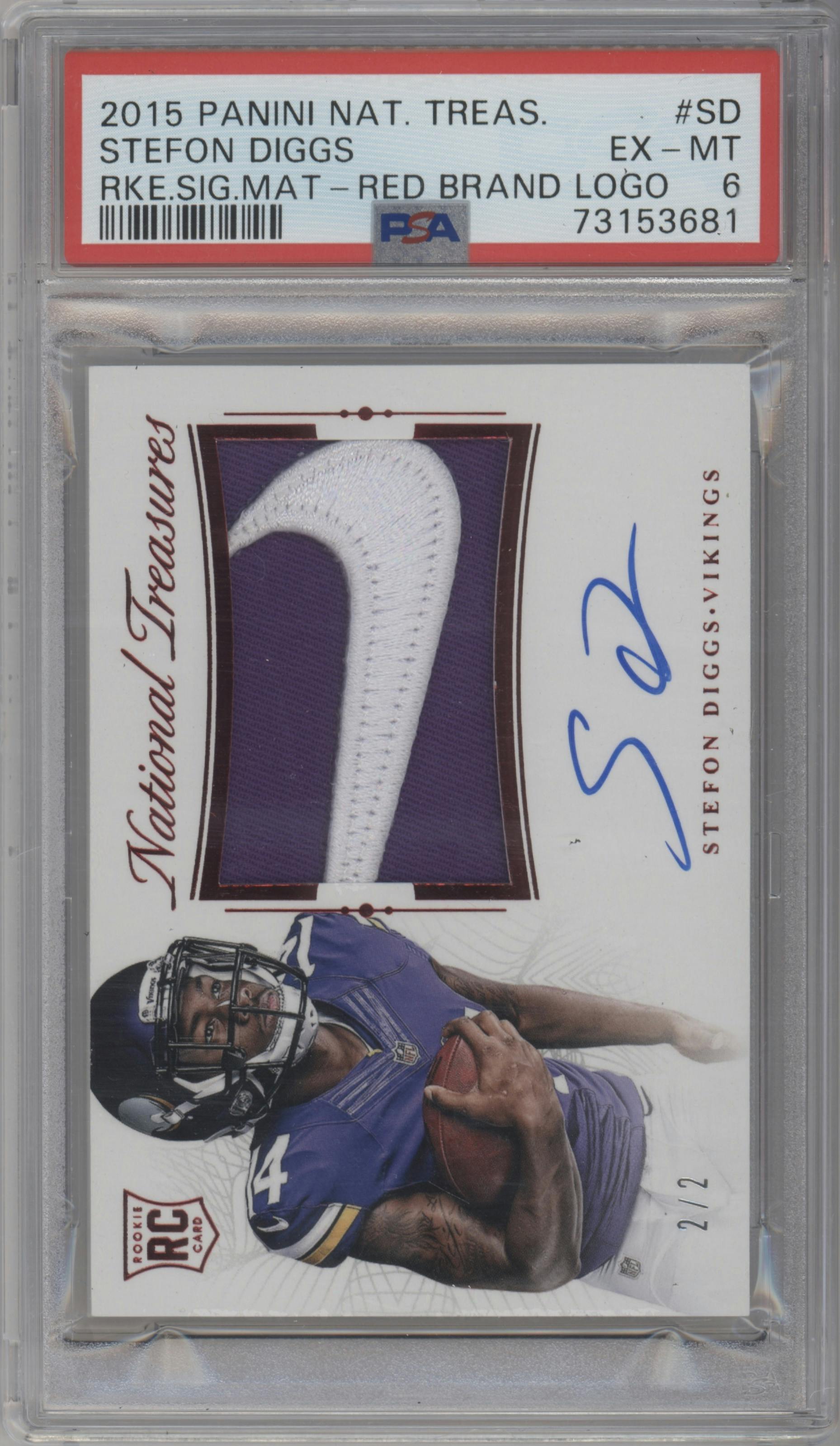 Stefon Diggs from the 2015 Panini National Treasures set featuring a Red Brand Logo parallel graded by PSA and given an overall grade of 6.