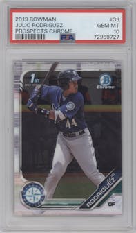 Julio Rodriguez from the 2019 Bowman  set graded by PSA and given an overall grade of 10.
