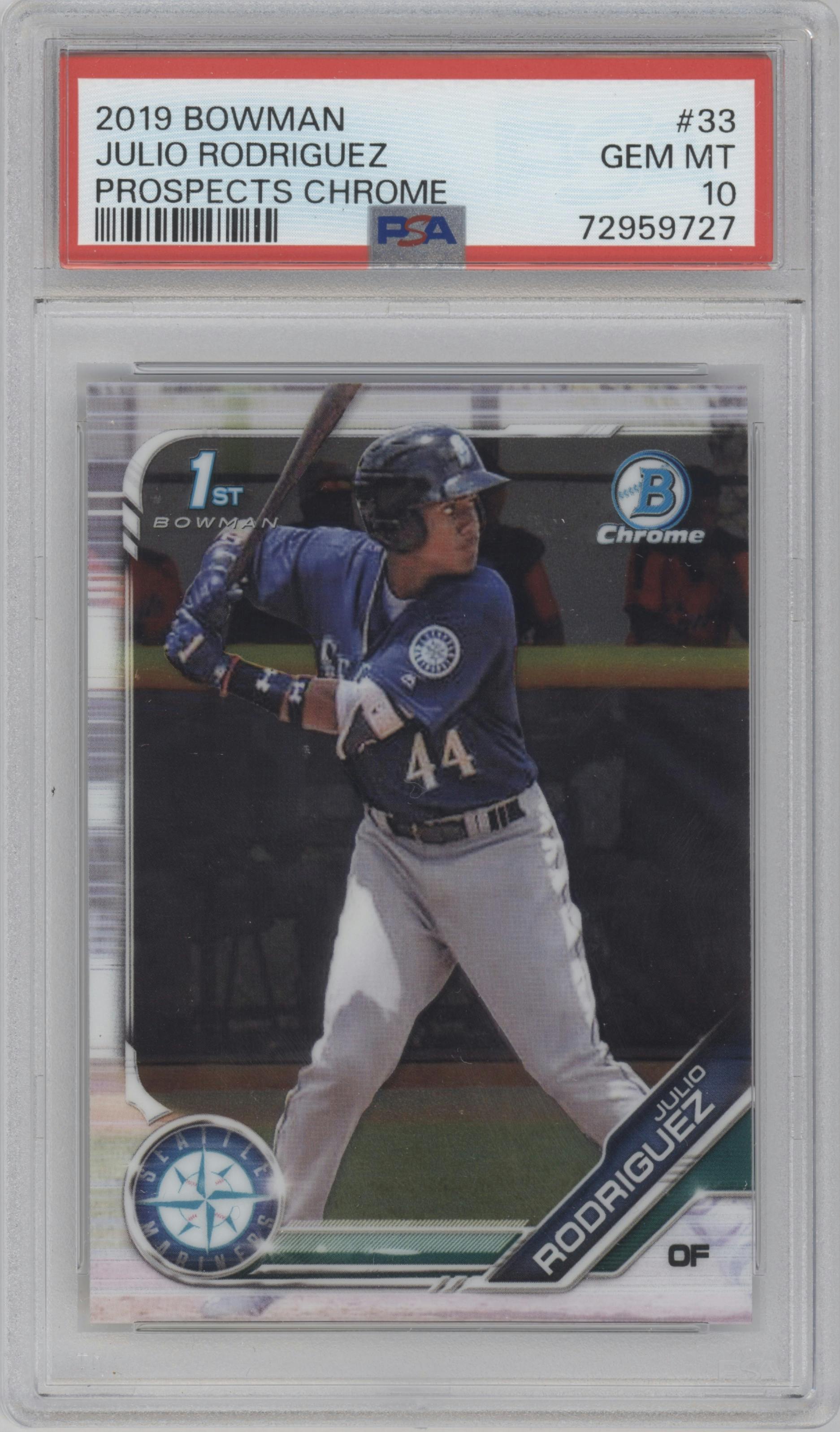 Julio Rodriguez from the 2019 Bowman  set graded by PSA and given an overall grade of 10.