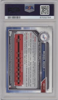 Michael Busch from the 2019 Bowman Draft set featuring a Refractor parallel graded by PSA and given an overall grade of 10.
