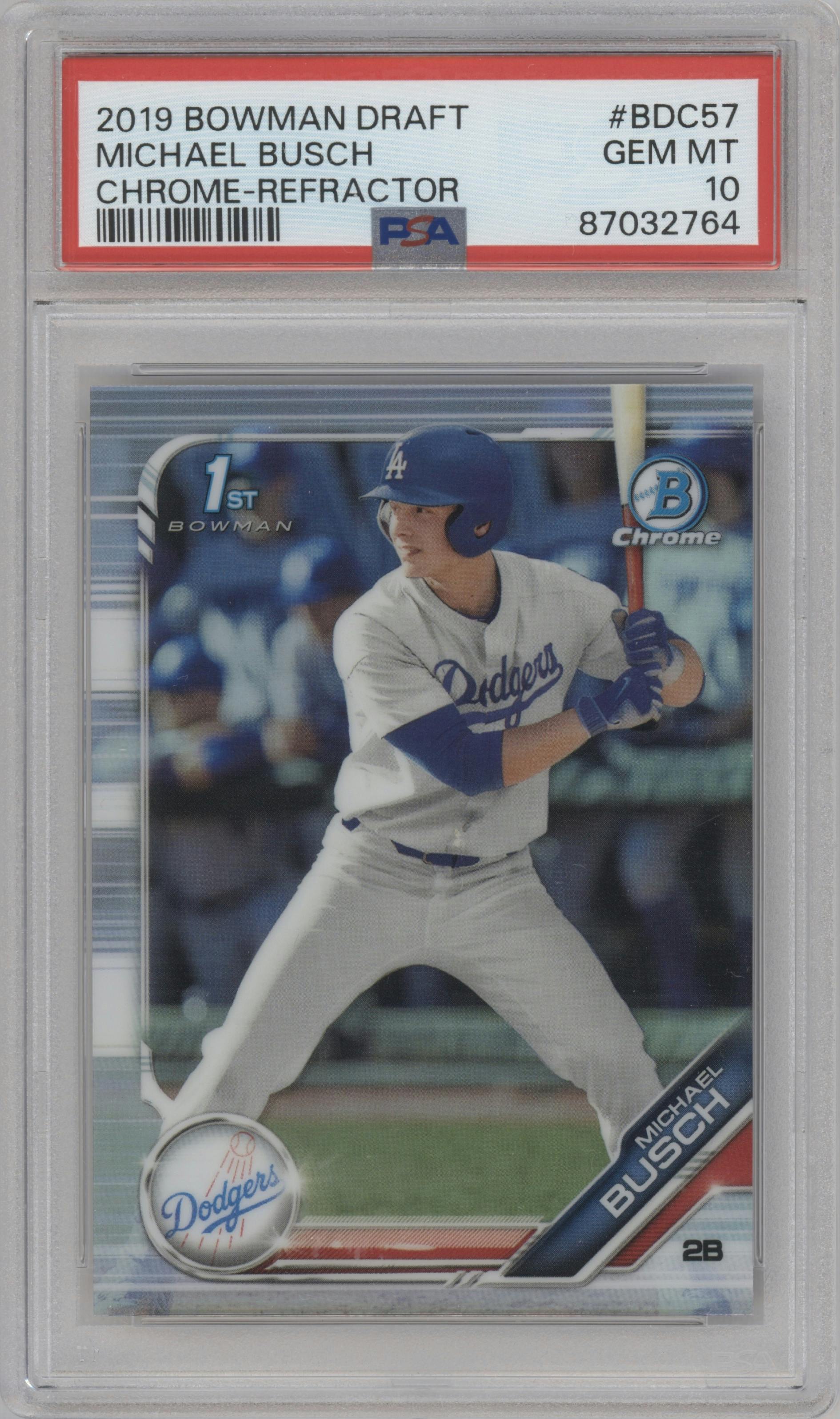 Michael Busch from the 2019 Bowman Draft set featuring a Refractor parallel graded by PSA and given an overall grade of 10.