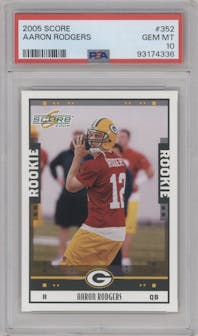 Aaron Rodgers from the 2005 Score set graded by PSA and given an overall grade of 10.