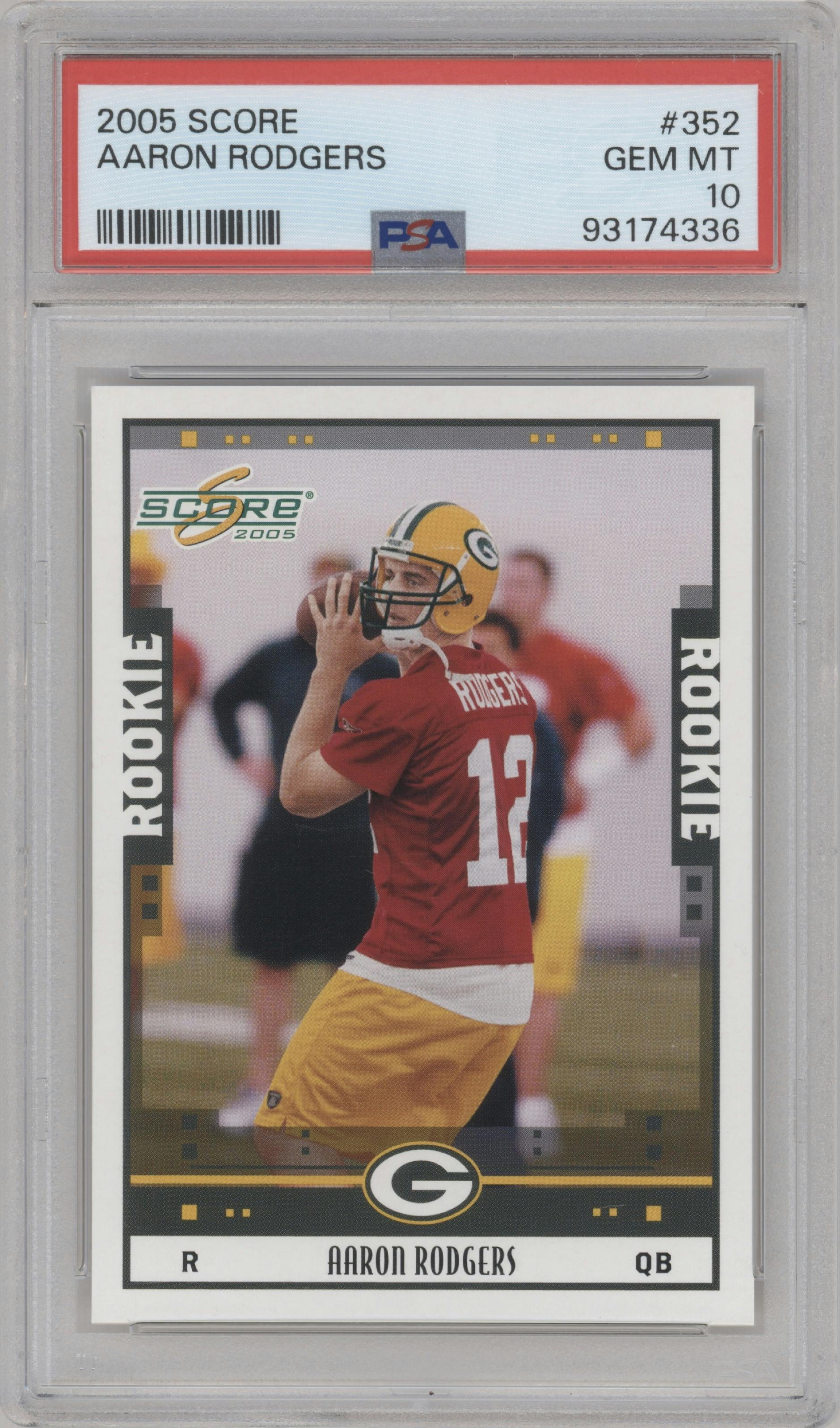 Aaron Rodgers from the 2005 Score set graded by PSA and given an overall grade of 10.