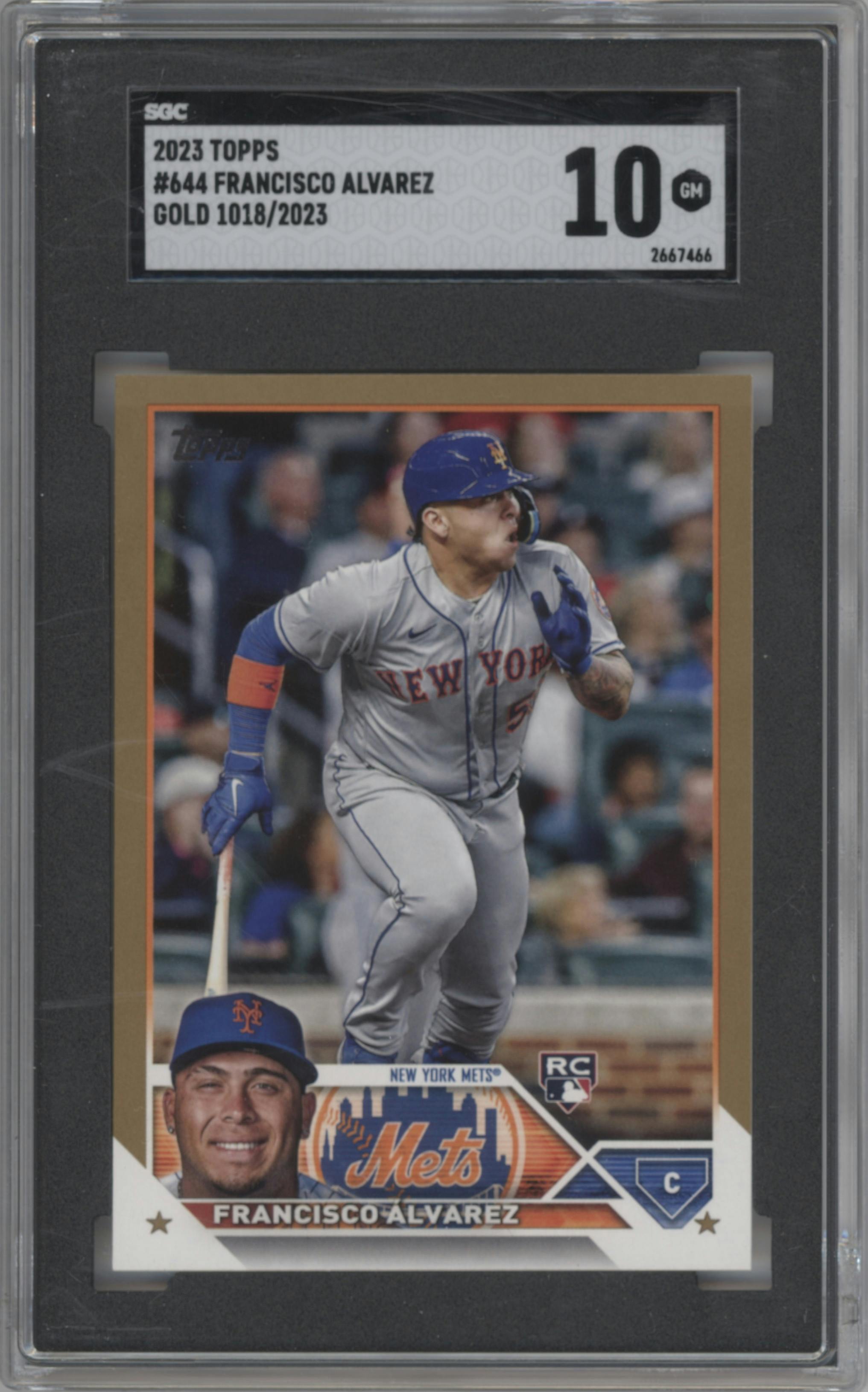 Francisco Alvarez from the 2023 Topps Series 2 set featuring a Gold parallel graded by SGC and given an overall grade of 10.