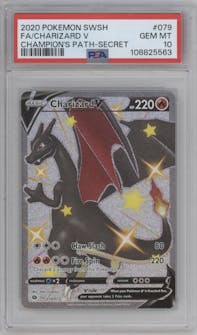 Charizard V from the 2020 Pokemon SWSH set graded by PSA and given an overall grade of 10.