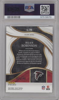 Bijan Robinson from the 2023 Panini Select set featuring a Tri-Color parallel graded by PSA and given an overall grade of 10.