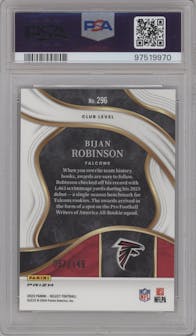 Bijan Robinson from the 2023 Panini Select set featuring a Tri-Color parallel graded by PSA and given an overall grade of 10.