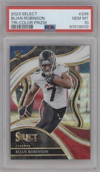 Bijan Robinson from the 2023 Panini Select set featuring a Tri-Color parallel graded by PSA and given an overall grade of 10.