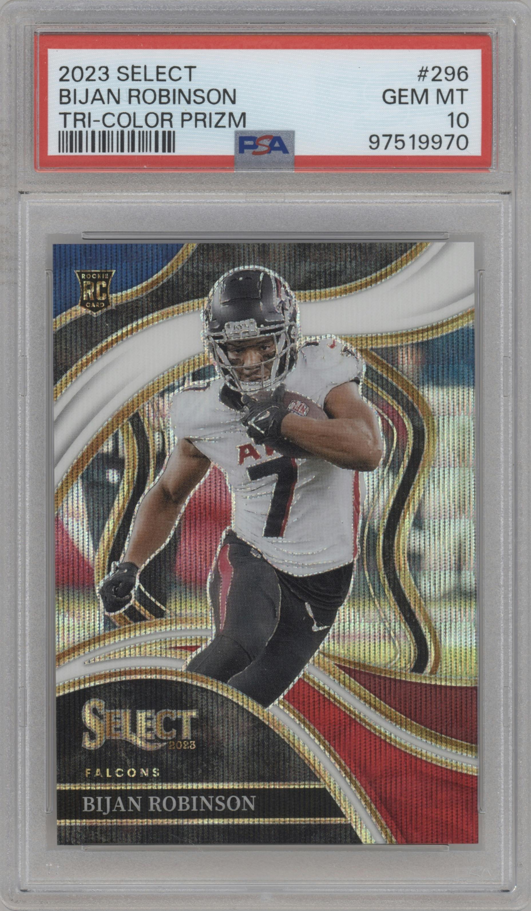 Bijan Robinson from the 2023 Panini Select set featuring a Tri-Color parallel graded by PSA and given an overall grade of 10.