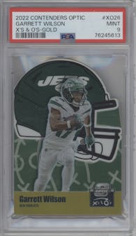 Garrett Wilson from the 2022 Panini Contenders Optic set featuring a Gold parallel graded by PSA and given an overall grade of 9.