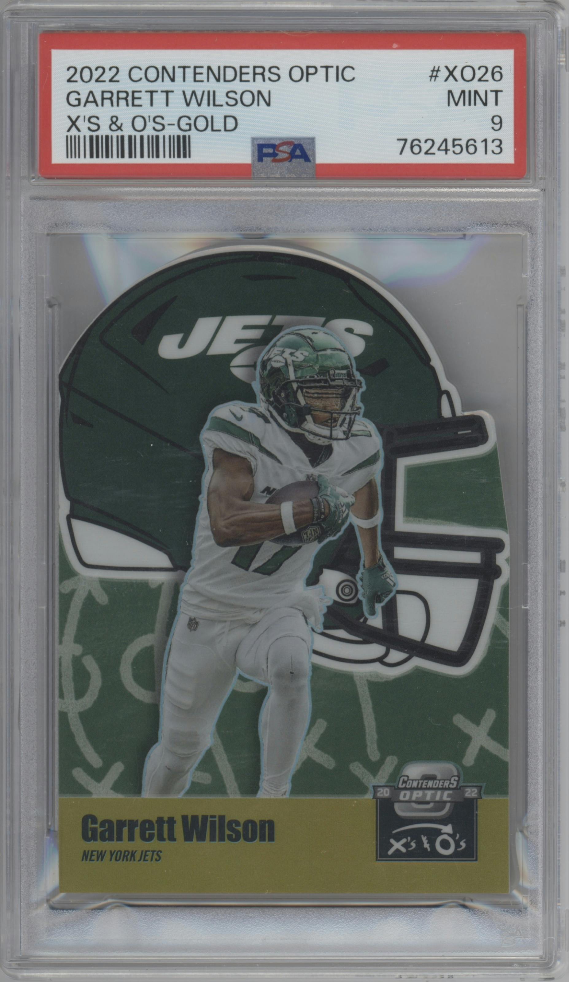 Garrett Wilson from the 2022 Panini Contenders Optic set featuring a Gold parallel graded by PSA and given an overall grade of 9.