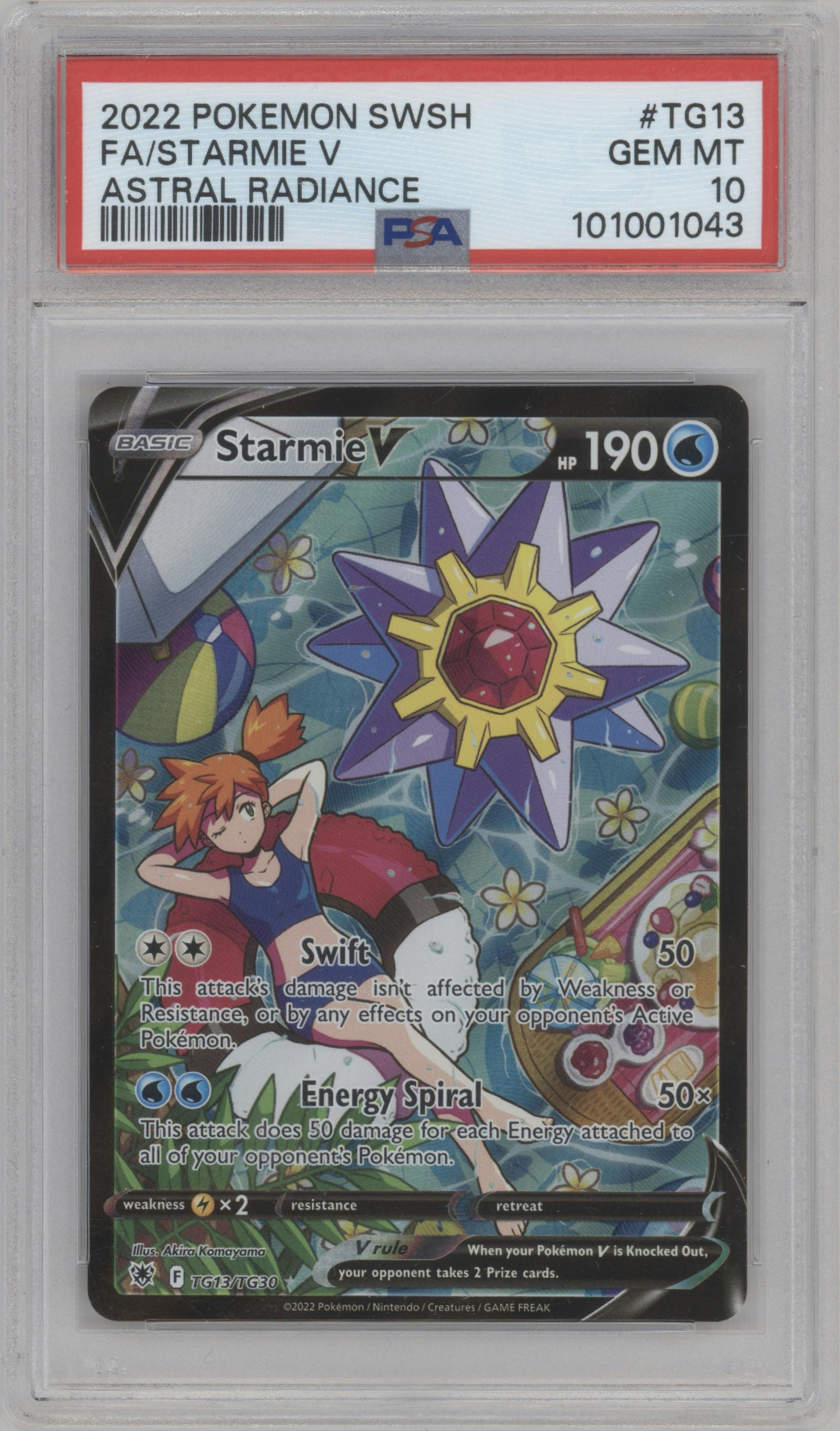 Starmie V from the 2022 Pokemon SWSH set graded by PSA and given an overall grade of 10.