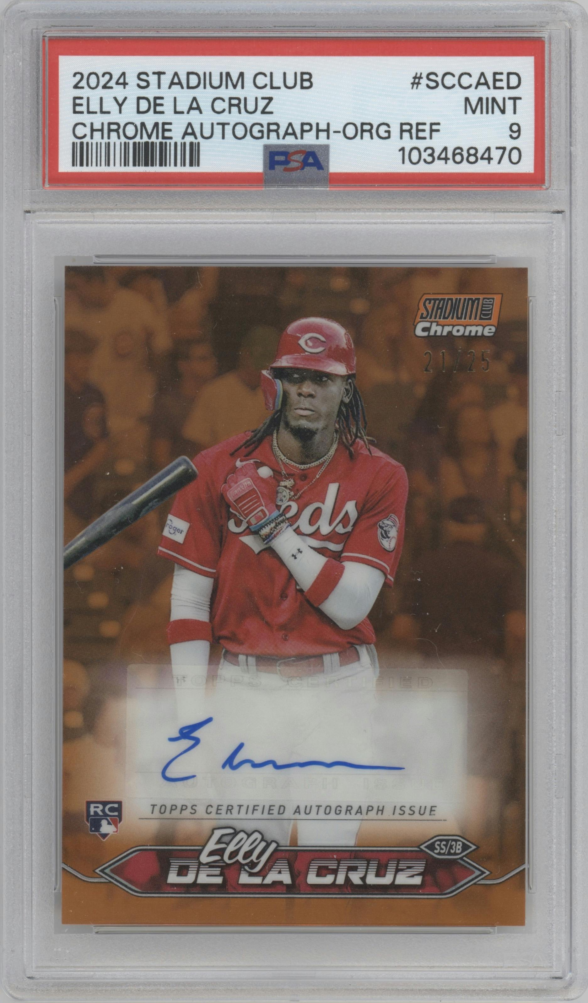 Elly De La Cruz from the 2024 Topps Stadium Club set featuring a Orange Refractor parallel graded by PSA and given an overall grade of 9.