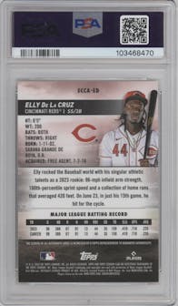Elly De La Cruz from the 2024 Topps Stadium Club set featuring a Orange Refractor parallel graded by PSA and given an overall grade of 9.