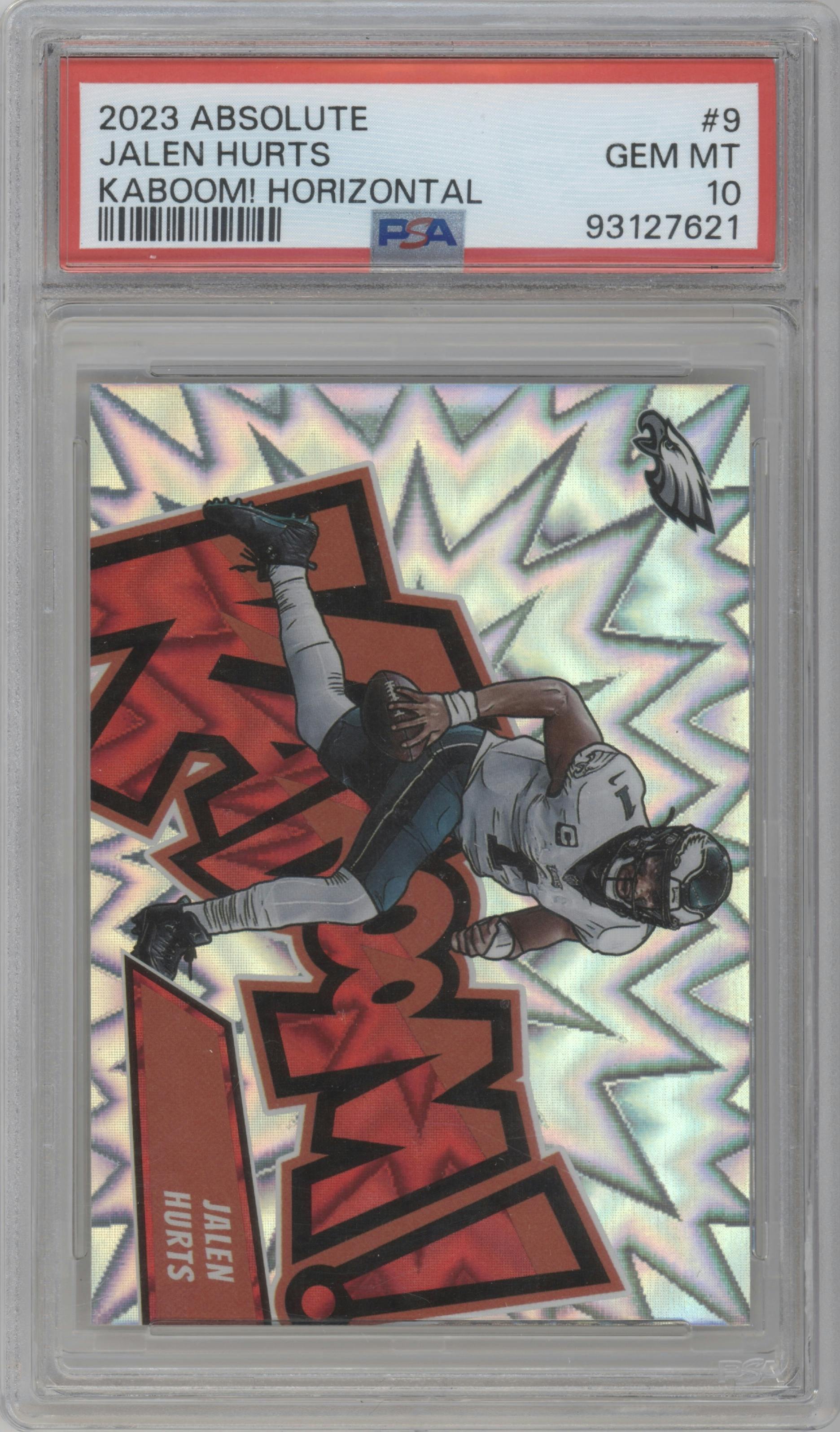 Jalen Hurts from the 2023 Panini Absolute set graded by PSA and given an overall grade of 10.