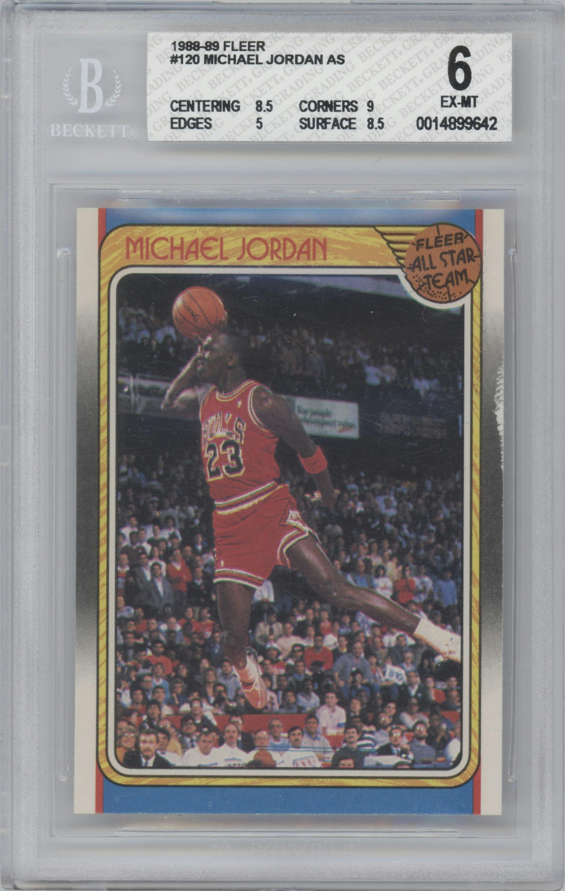 Michael Jordan from the 1988-89 Fleer Basketball set featuring a All-Star parallel graded by Beckett and given an overall grade of 6.