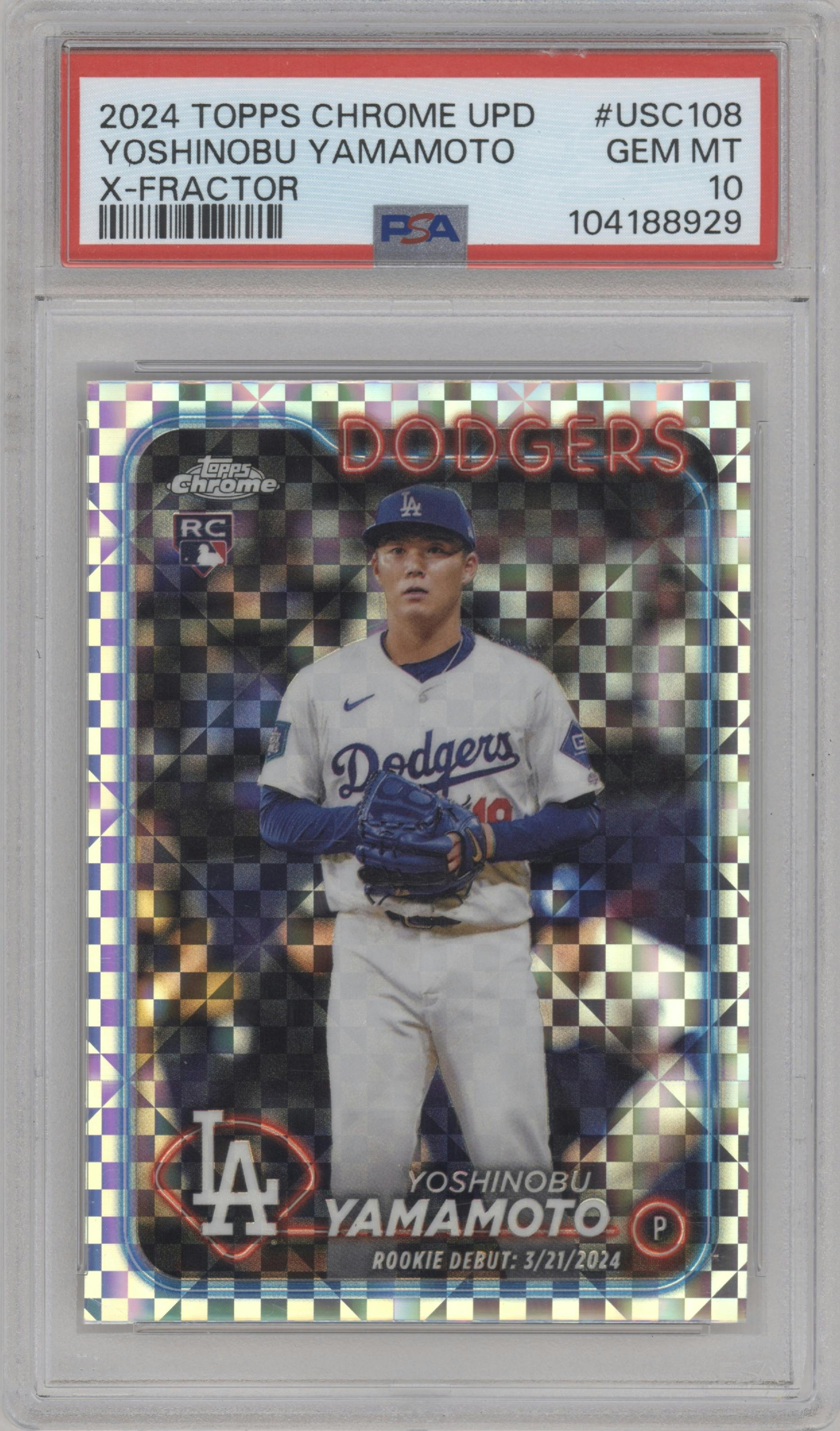 Yoshinobu Yamamoto from the 2024 Topps Chrome Update set featuring a X-Fractor parallel graded by PSA and given an overall grade of 10.