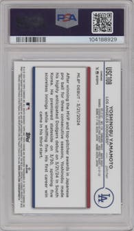 Yoshinobu Yamamoto from the 2024 Topps Chrome Update set featuring a X-Fractor parallel graded by PSA and given an overall grade of 10.