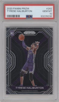 Tyrese Haliburton from the 2020-21 Panini Prizm set graded by PSA and given an overall grade of 10.