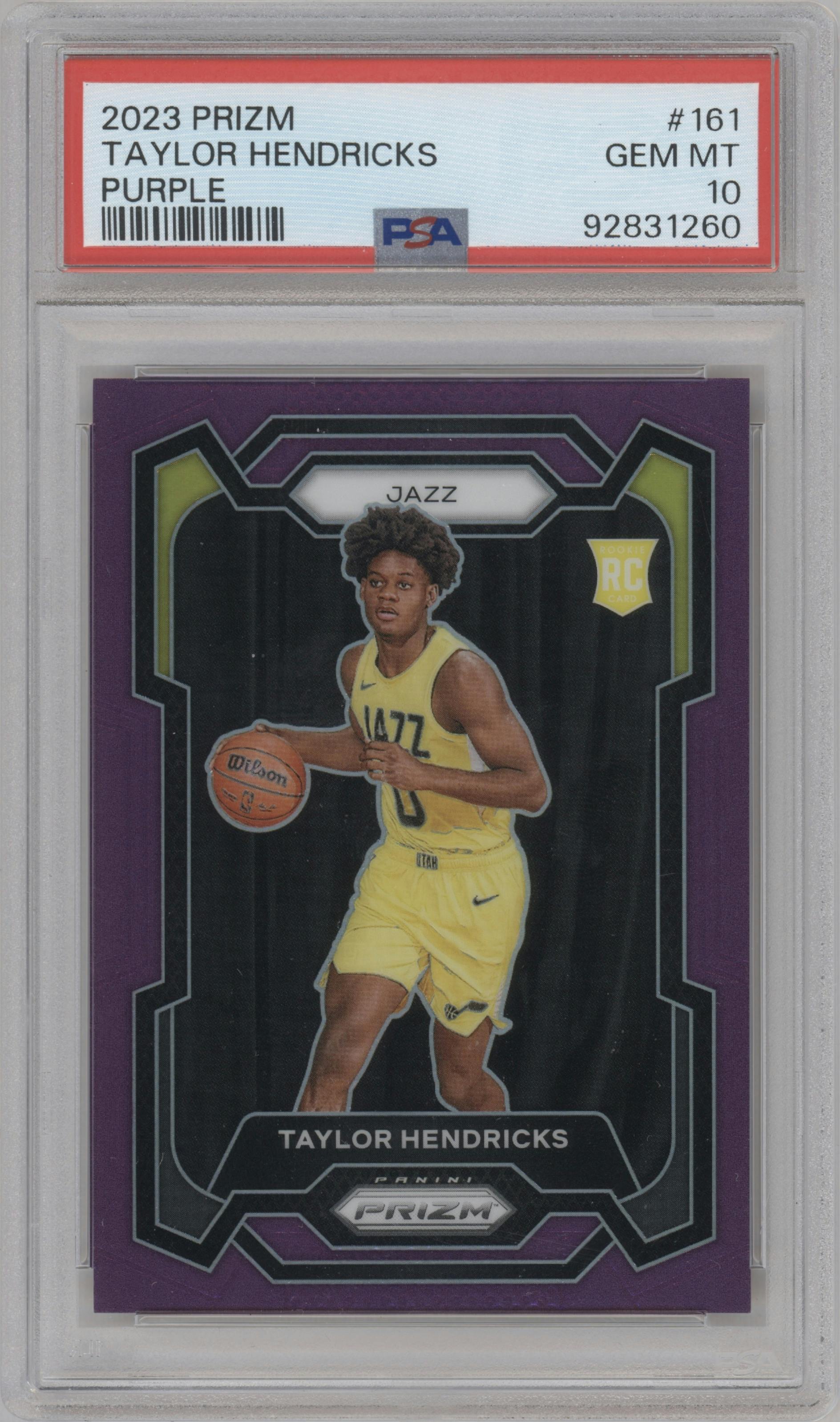 Taylor Hendricks from the 2023-24 Panini Prizm set featuring a Purple Prizm parallel graded by PSA and given an overall grade of 10.