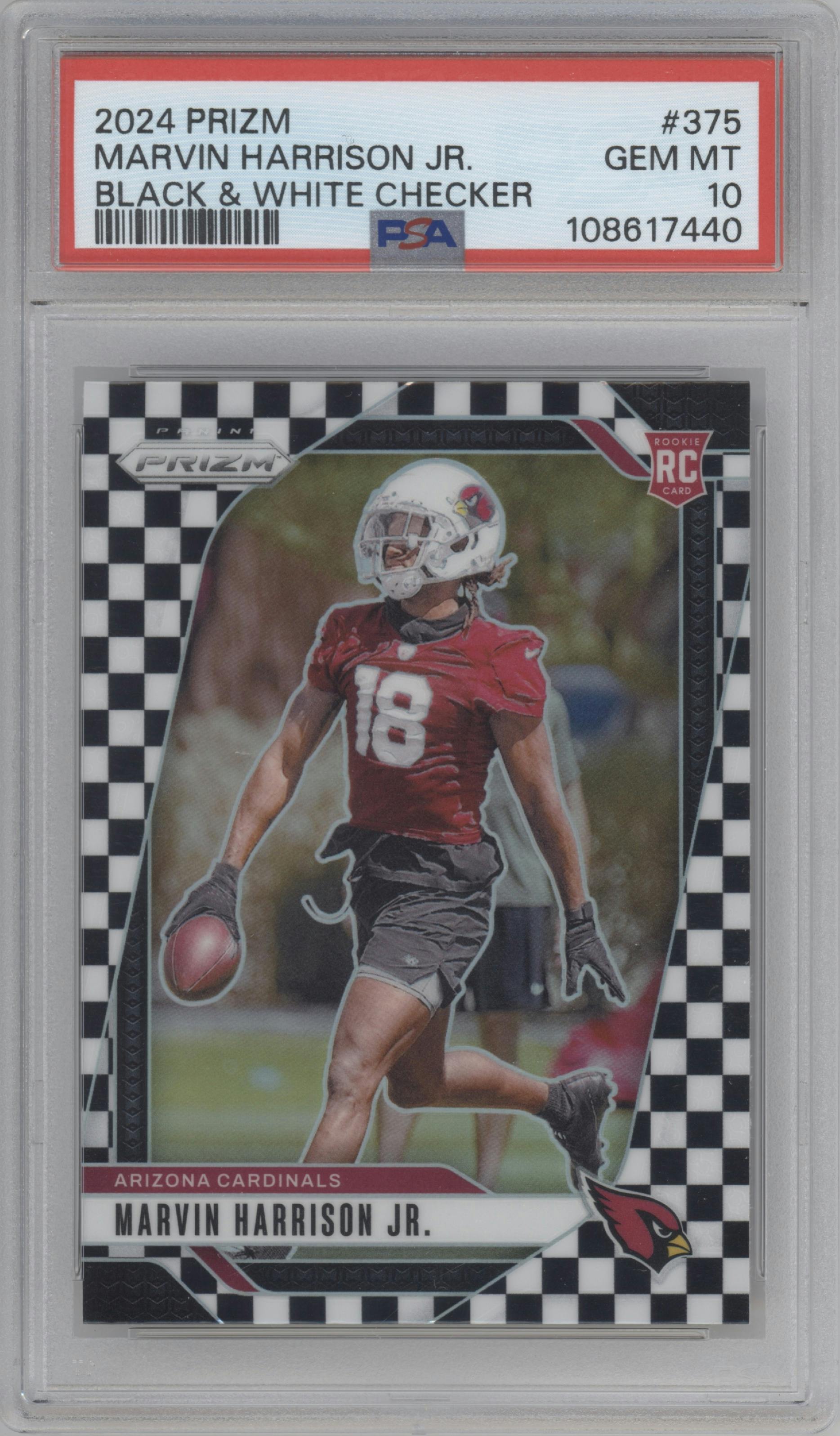 Marvin Harrison Jr. from the 2024 Panini Prizm set featuring a Black & White Checker parallel graded by PSA and given an overall grade of 10.