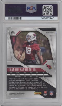 Marvin Harrison Jr. from the 2024 Panini Prizm set featuring a Black & White Checker parallel graded by PSA and given an overall grade of 10.