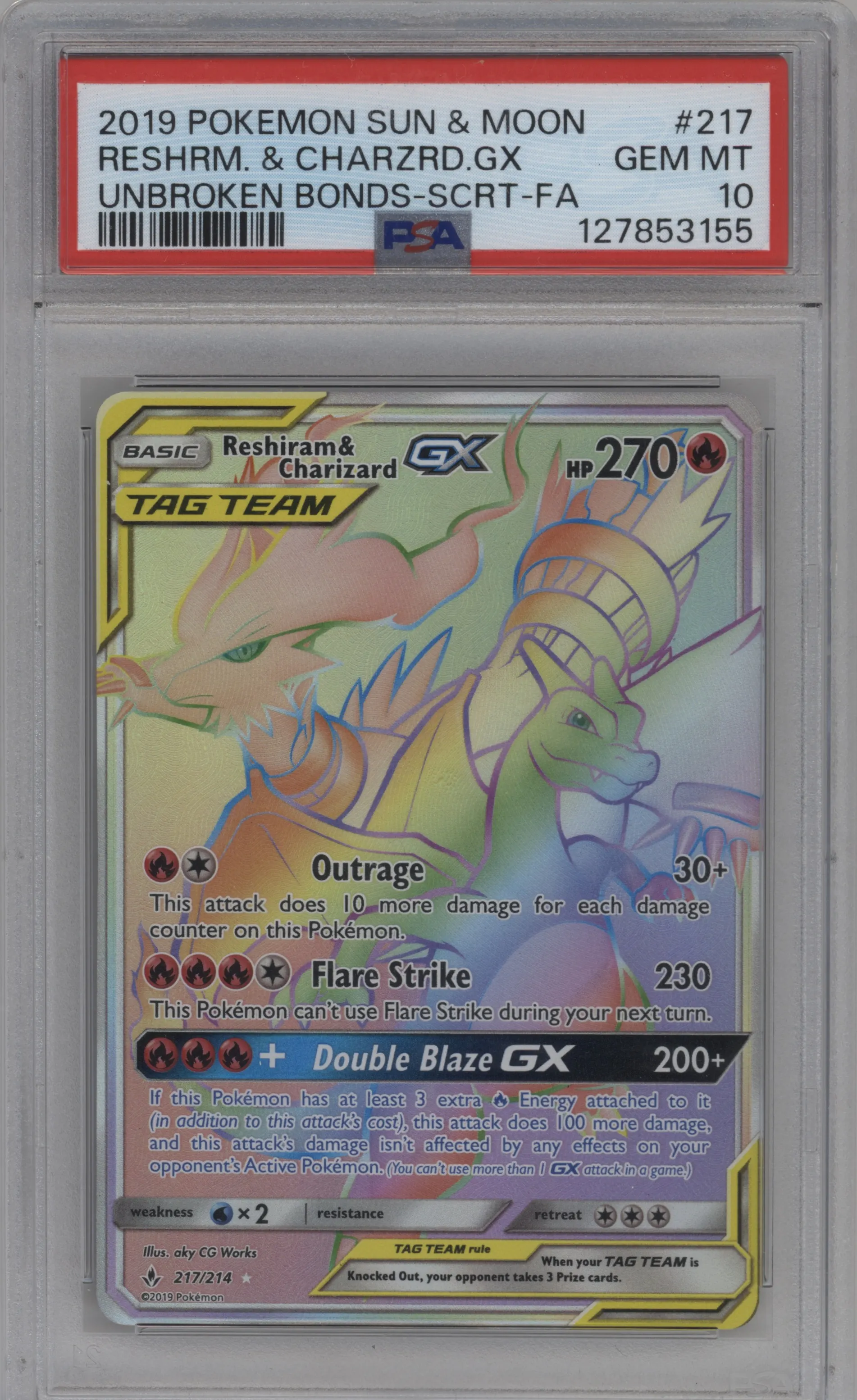Reshiram/Charizard GX from the 2019 Pokemon S&M  set graded by PSA and given an overall grade of 10.