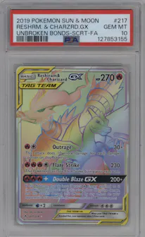Reshiram/Charizard GX from the 2019 Pokemon S&M set graded by PSA and given an overall grade of 10.