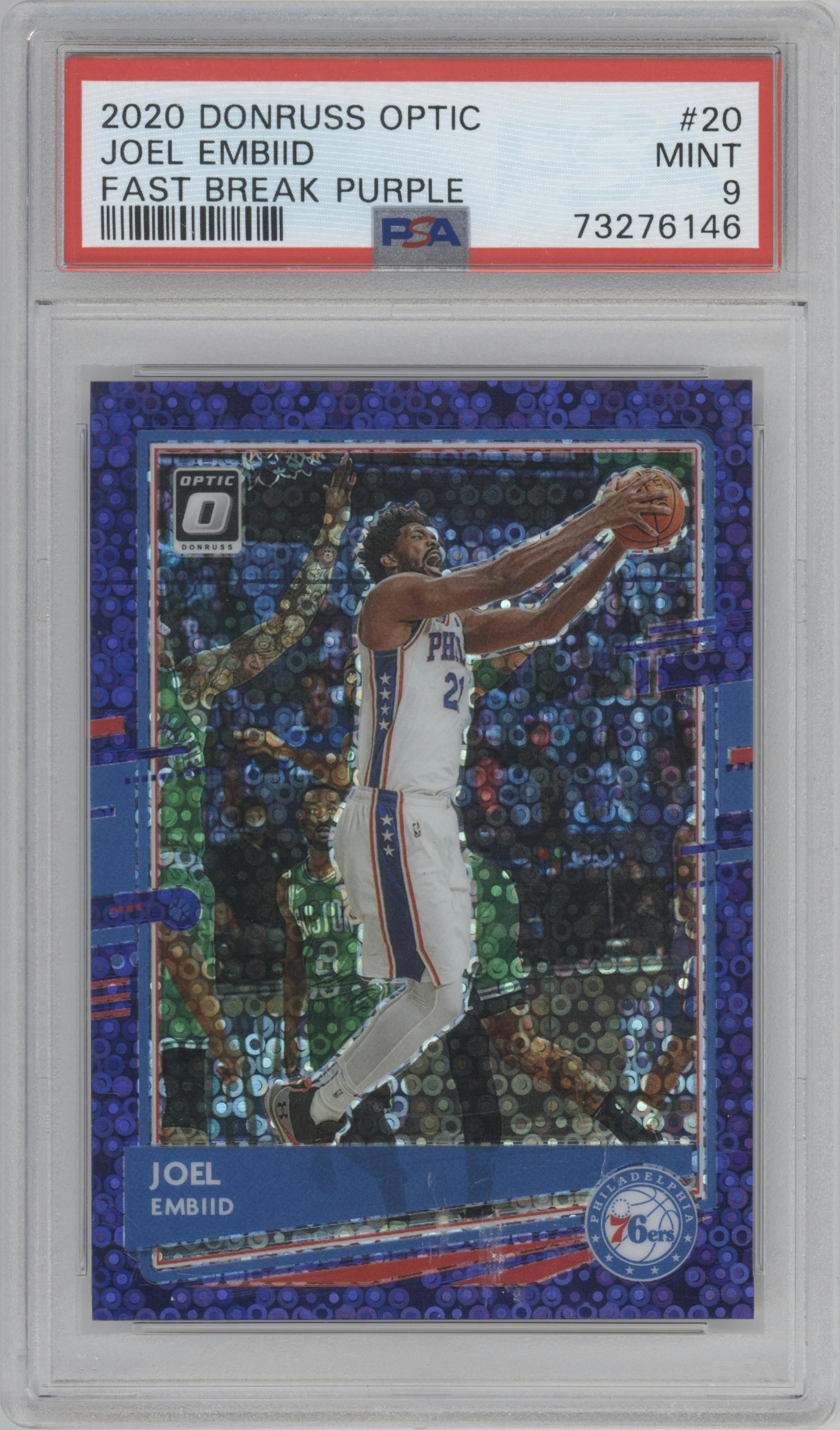Joel Embiid from the 2020-21 Panini Donruss Optic set featuring a Fast Break Purple parallel graded by PSA and given an overall grade of 9.