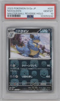 Nidoqueen from the 2023 Pokemon SV JPN set featuring a Master Ball parallel graded by PSA and given an overall grade of 10.