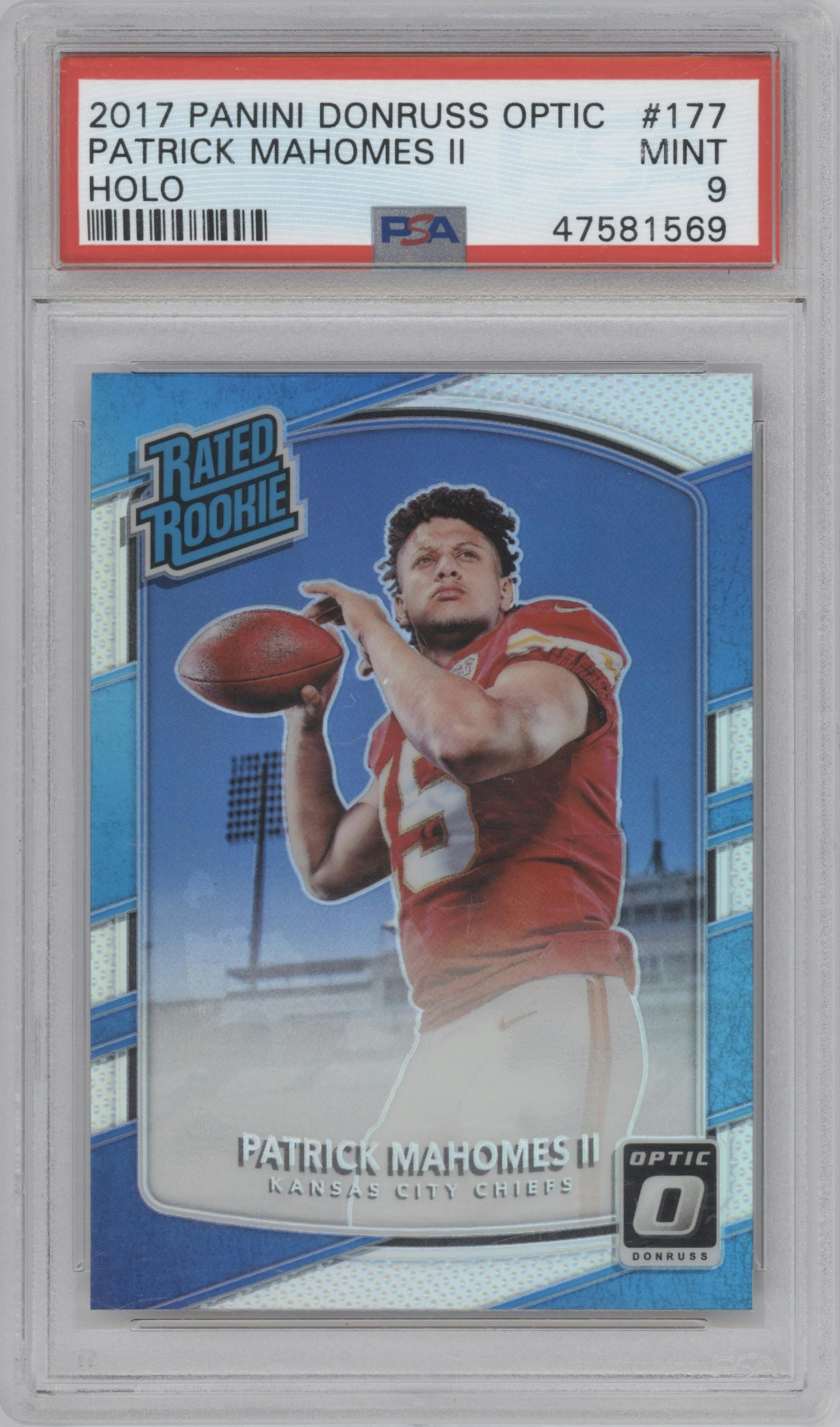 Patrick Mahomes II from the 2017 Panini Donruss Optic set featuring a Holo parallel graded by PSA and given an overall grade of 9.