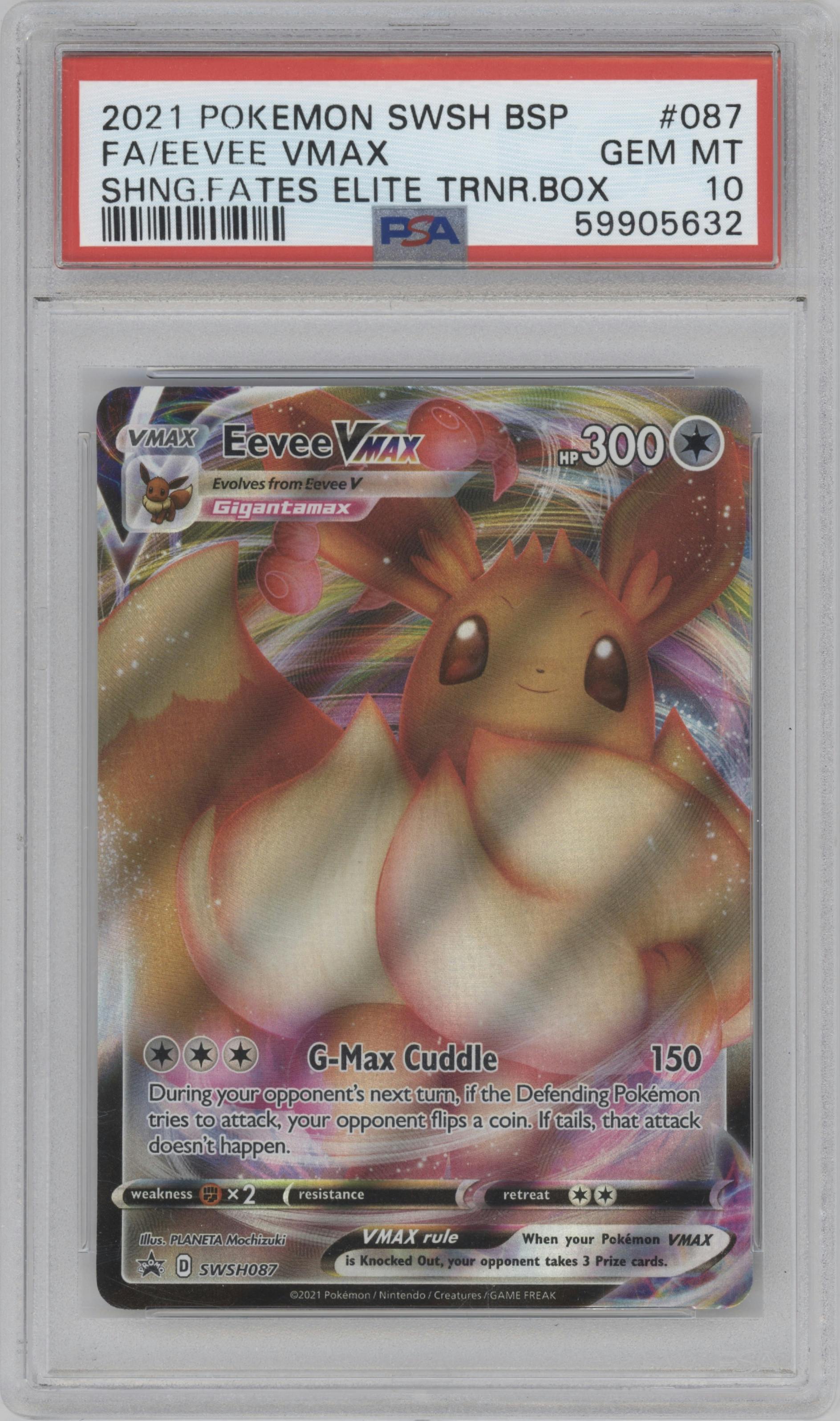 Eevee VMAX from the 2021 Pokemon SWSH set featuring a Shining Fates Elite Trainer Box parallel graded by PSA and given an overall grade of 10.