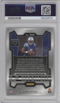 Anthony Richardson from the 2023 Panini Prizm set featuring a Silver Prizm parallel graded by PSA and given an overall grade of 10.