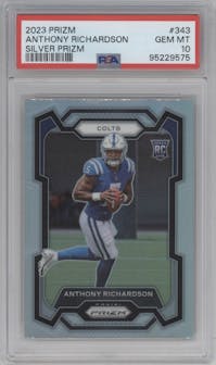 Anthony Richardson from the 2023 Panini Prizm set featuring a Silver Prizm parallel graded by PSA and given an overall grade of 10.