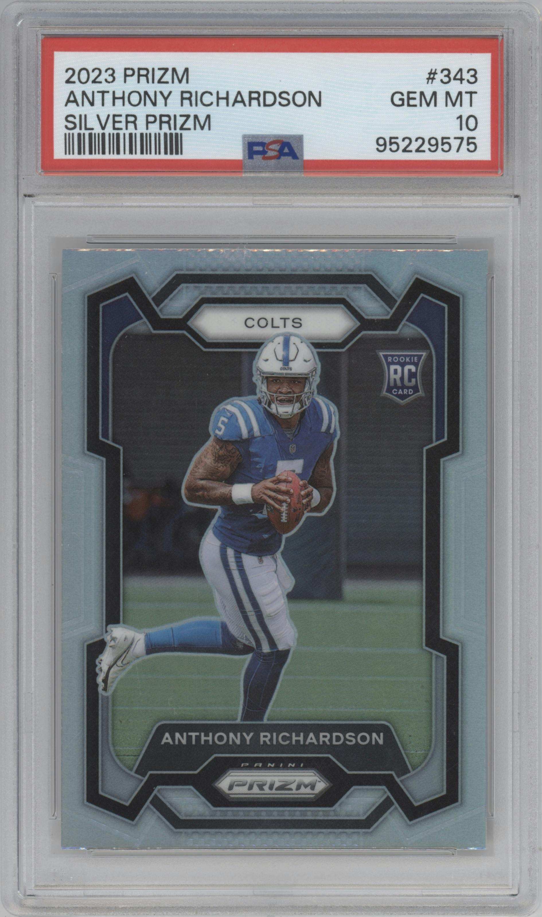 Anthony Richardson from the 2023 Panini Prizm set featuring a Silver Prizm parallel graded by PSA and given an overall grade of 10.