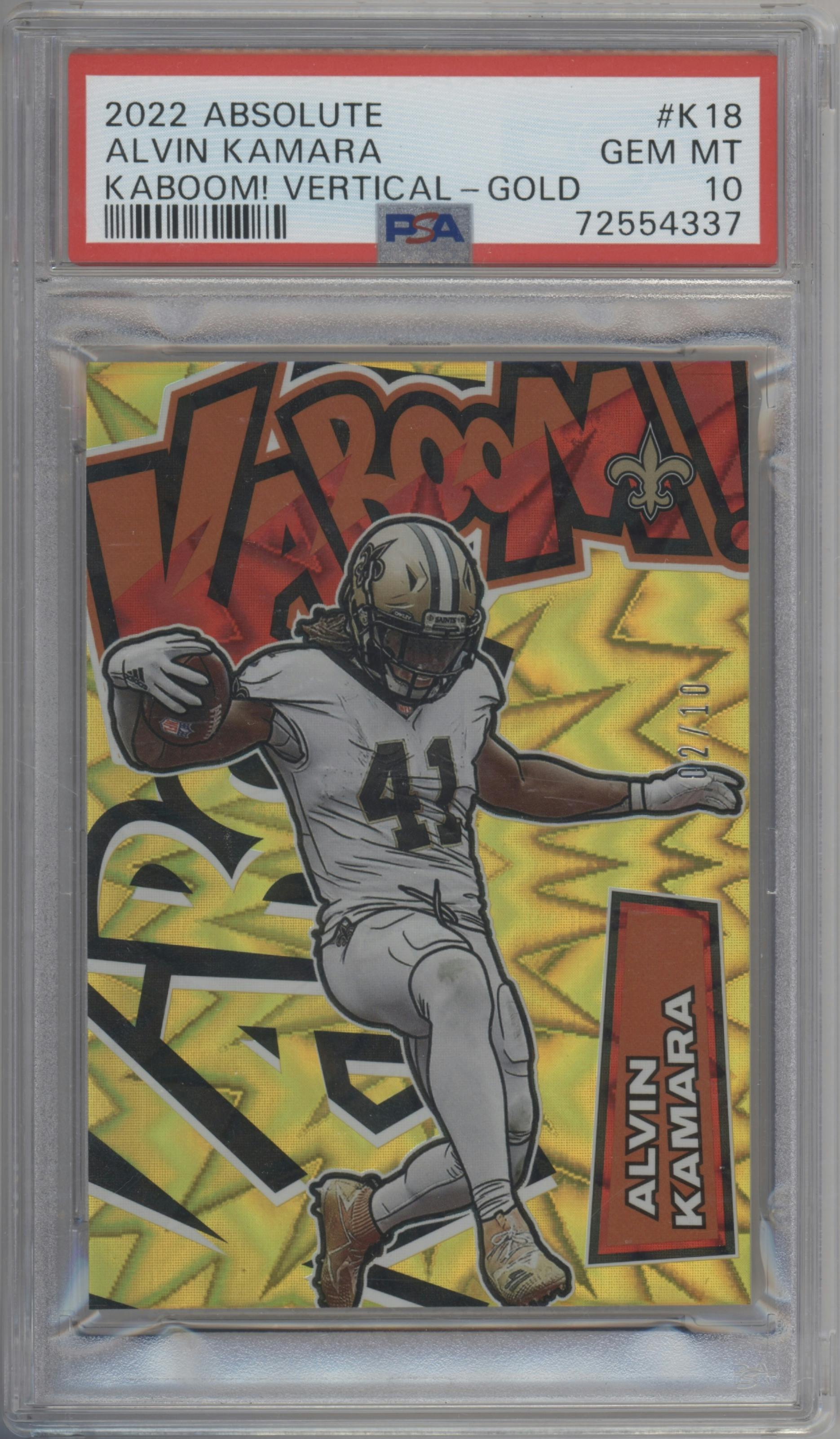 Alvin Kamara from the 2022 Panini Absolute set featuring a Gold parallel graded by PSA and given an overall grade of 10.