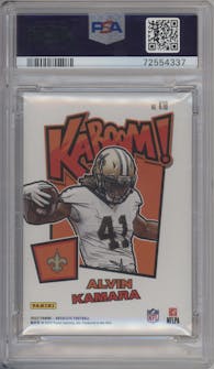 Alvin Kamara from the 2022 Panini Absolute set featuring a Gold parallel graded by PSA and given an overall grade of 10.